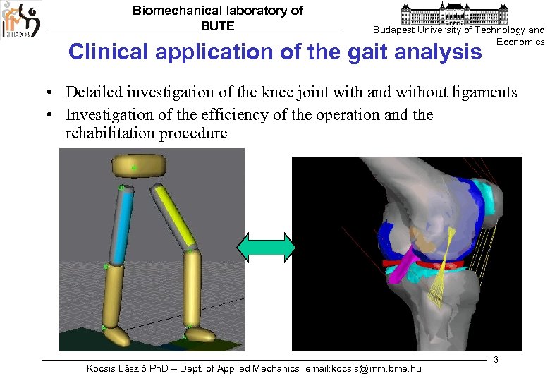 Biomechanical laboratory of BUTE Budapest University of Technology and Economics Clinical application of the