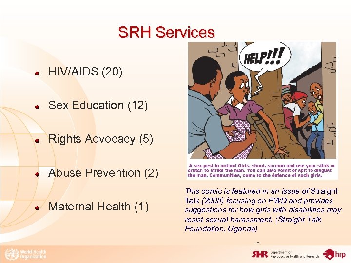 SRH Services HIV/AIDS (20) Sex Education (12) Rights Advocacy (5) Abuse Prevention (2) Maternal