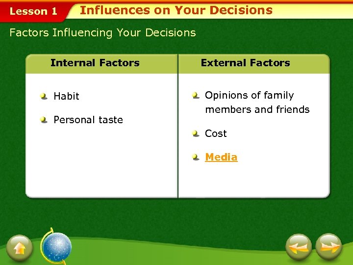 Lesson 1 Influences on Your Decisions Factors Influencing Your Decisions Internal Factors Habit Personal