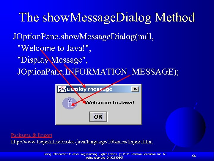 The show. Message. Dialog Method JOption. Pane. show. Message. Dialog(null, 