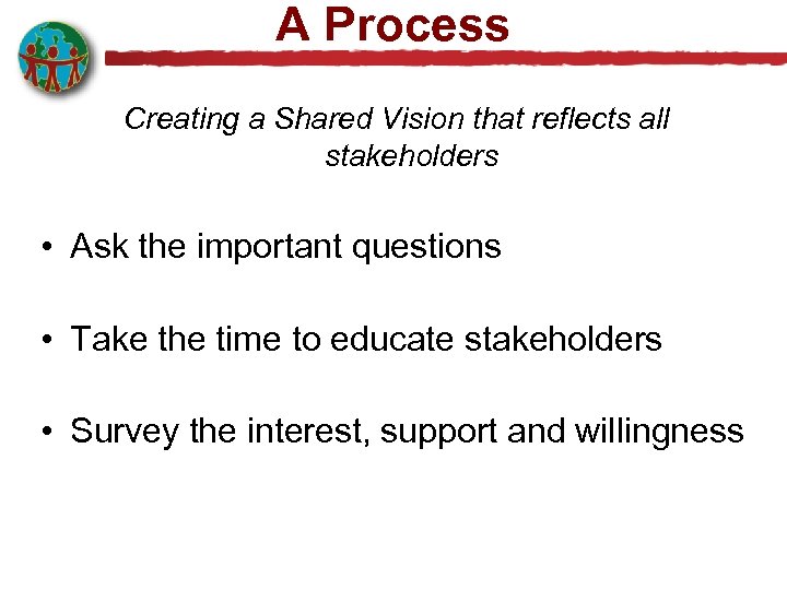 A Process Creating a Shared Vision that reflects all stakeholders • Ask the important