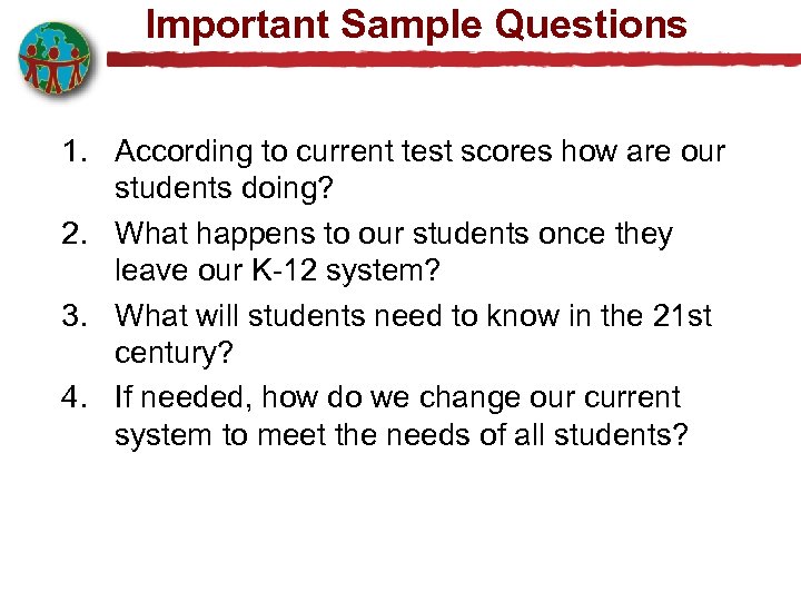 Important Sample Questions 1. According to current test scores how are our students doing?