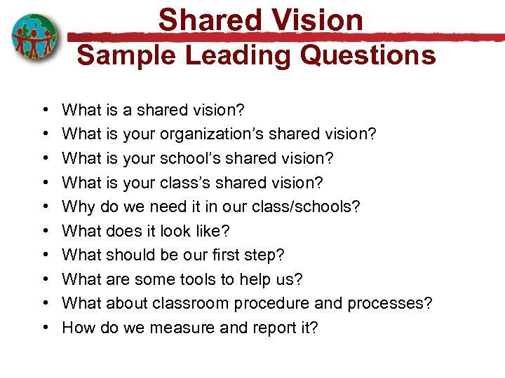 Shared Vision Sample Leading Questions • • • What is a shared vision? What