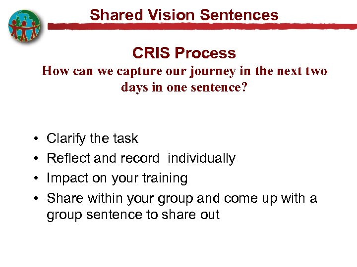 Shared Vision Sentences CRIS Process How can we capture our journey in the next