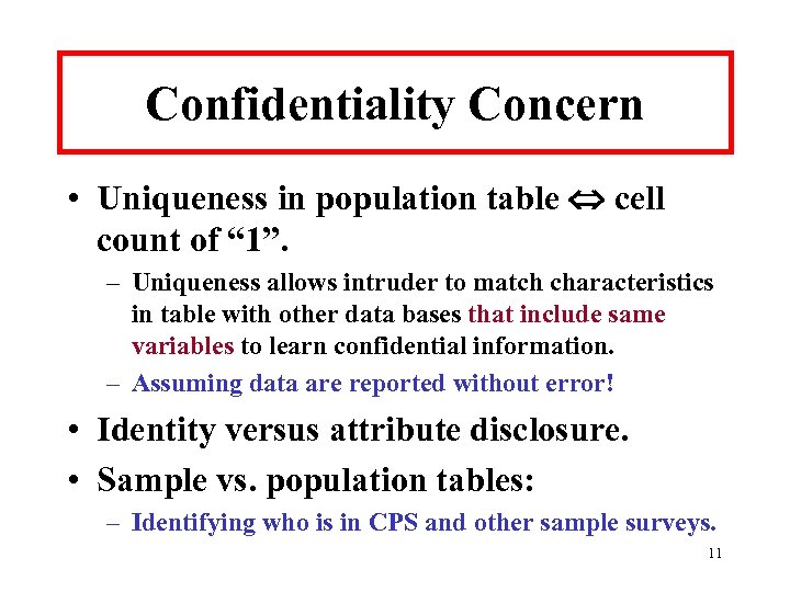 Confidentiality Concern • Uniqueness in population table cell count of “ 1”. – Uniqueness