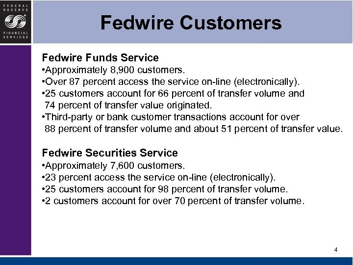 Fedwire Customers Fedwire Funds Service • Approximately 8, 900 customers. • Over 87 percent