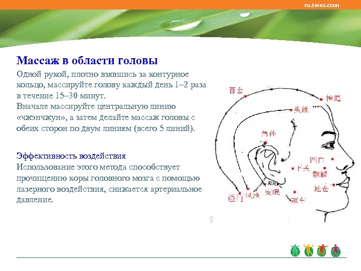 ru. tiens. com Массаж в области головы Одной рукой, плотно взявшись за контурное кольцо,
