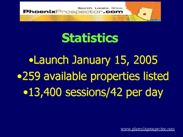 Statistics • Launch January 15, 2005 • 259 available properties listed • 13, 400