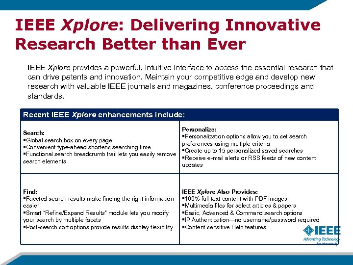 IEEE Xplore: Delivering Innovative Research Better than Ever IEEE Xplore provides a powerful, intuitive