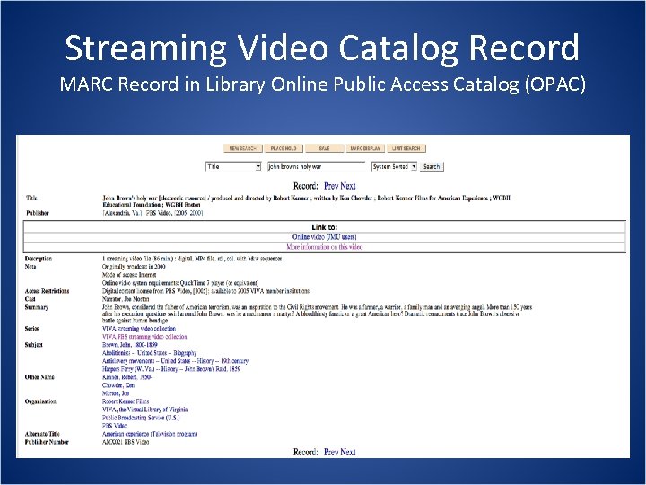 Streaming Video Catalog Record MARC Record in Library Online Public Access Catalog (OPAC) 