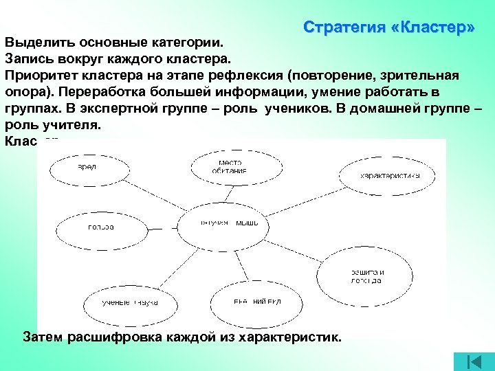 Стратегия «Кластер» Выделить основные категории. Запись вокруг каждого кластера. Приоритет кластера на этапе рефлексия