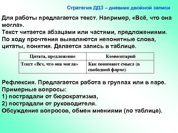 Стратегия ДДЗ – дневник двойной записи Для работы предлагается текст. Например, «Всё, что она