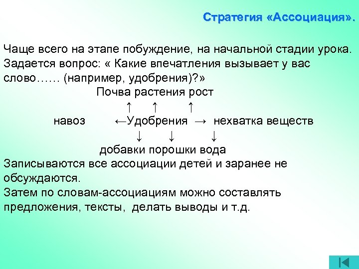 Стратегия «Ассоциация» . Чаще всего на этапе побуждение, на начальной стадии урока. Задается вопрос: