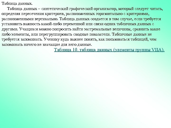 Таблица данных – синтетический графический организатор, который следует читать, определяя пересечения критериев, расположенных горизонтально