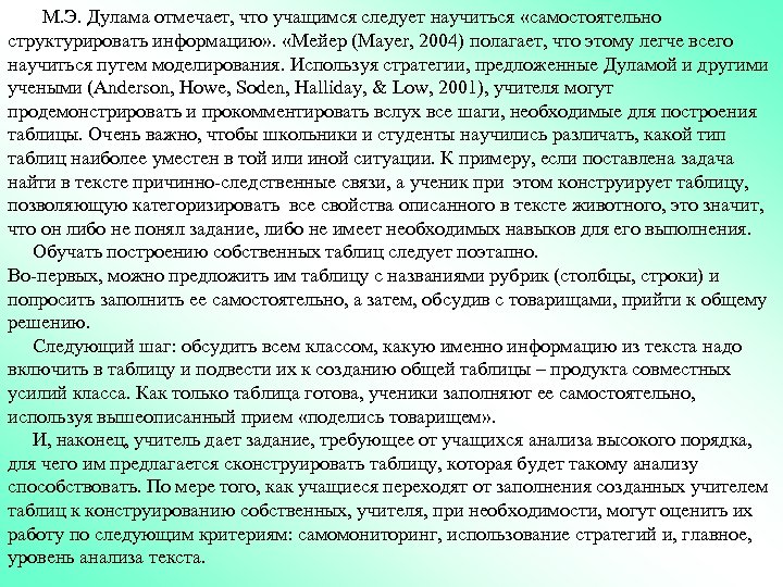 М. Э. Дулама отмечает, что учащимся следует научиться «самостоятельно структурировать информацию» . «Мейер (Mayer,