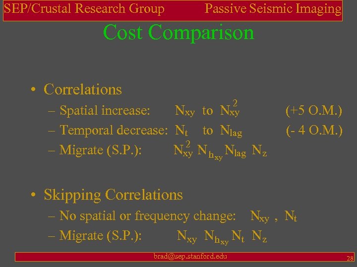SEP/Crustal Research Group Passive Seismic Imaging Cost Comparison • Correlations 2 Nxy – Spatial