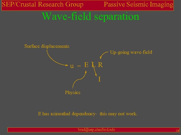 SEP/Crustal Research Group Passive Seismic Imaging Wave-field separation Surface displacements Up-going wave-field u =