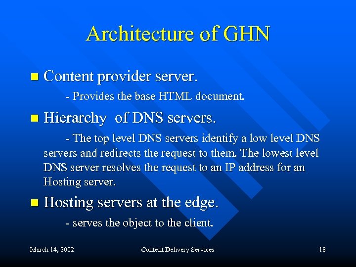 Architecture of GHN n Content provider server. - Provides the base HTML document. n