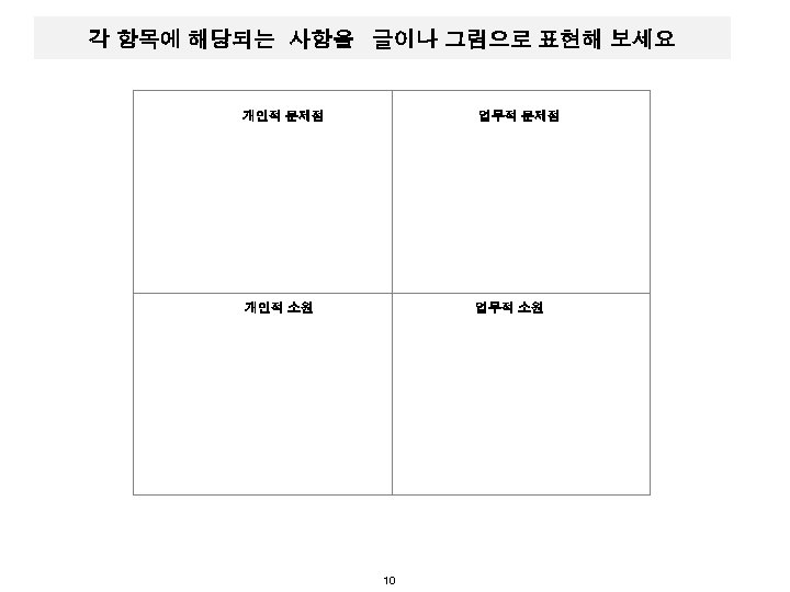 각 항목에 해당되는 사항을 글이나 그림으로 표현해 보세요 개인적 문제점 업무적 문제점 개인적 소원