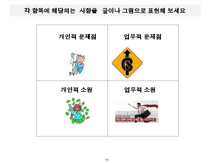 각 항목에 해당되는 사항을 글이나 그림으로 표현해 보세요 개인적 문제점 업무적 문제점 개인적 소원