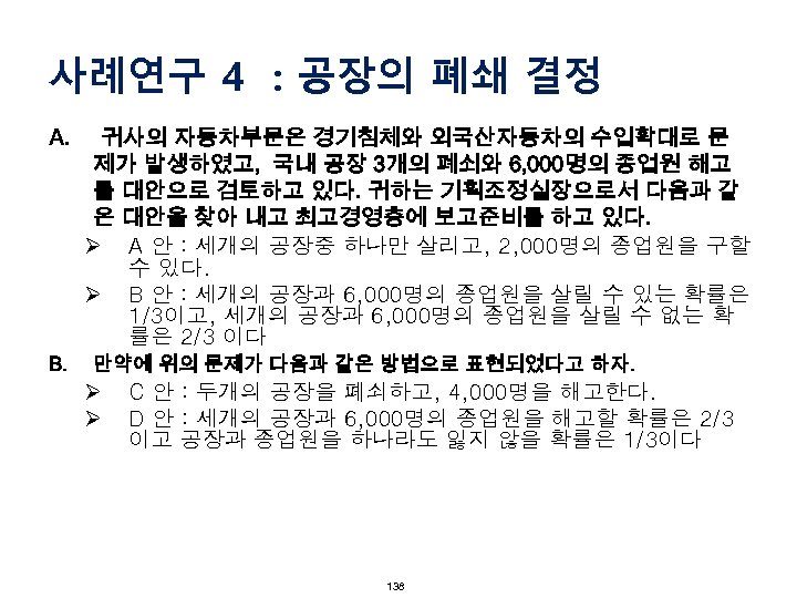 사례연구 4 : 공장의 폐쇄 결정 A. B. 귀사의 자동차부문은 경기침체와 외국산자동차의 수입확대로 문