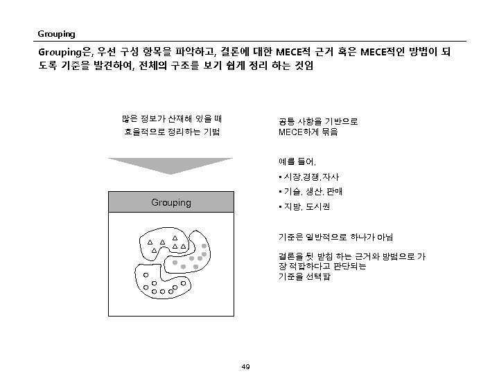 Grouping은, 우선 구성 항목을 파악하고, 결론에 대한 MECE적 근거 혹은 MECE적인 방법이 되 도록