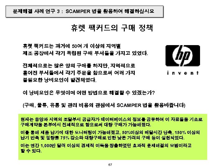 문제해결 사례 연구 3 : SCAMPER 법을 활용하여 해결하십시요 휴렛 팩커드의 구매 정책 휴렛