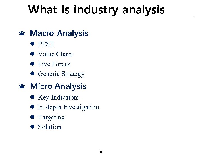 What is industry analysis ☎ Macro Analysis l l PEST Value Chain Five Forces