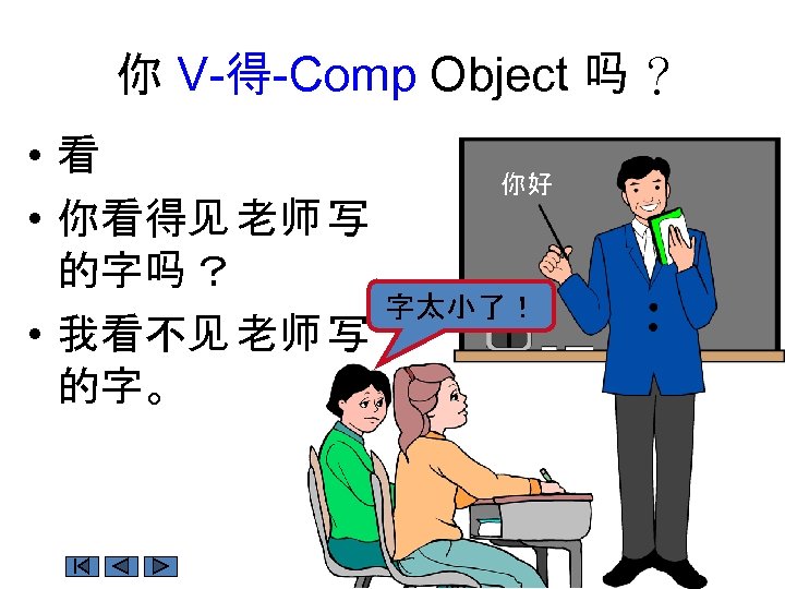 你 V-得-Comp Object 吗 ？ • 看 • 你看得见 老师 写 的字吗 ？ •