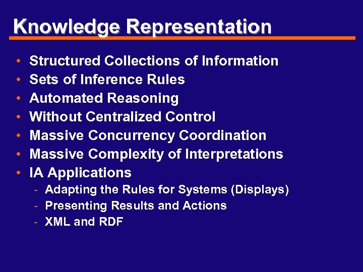 Knowledge Representation • • Structured Collections of Information Sets of Inference Rules Automated Reasoning