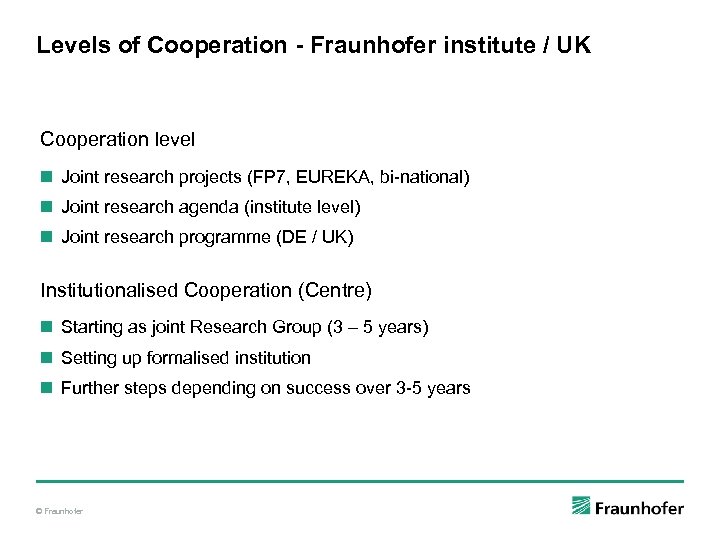 Levels of Cooperation - Fraunhofer institute / UK Cooperation level n Joint research projects