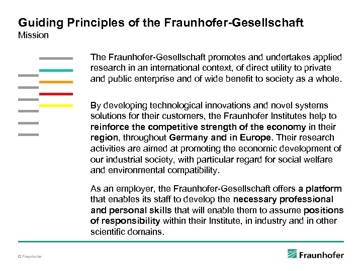 Guiding Principles of the Fraunhofer-Gesellschaft Mission The Fraunhofer-Gesellschaft promotes and undertakes applied research in