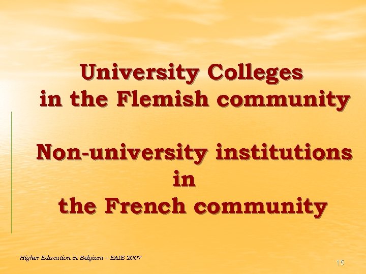 University Colleges in the Flemish community Non-university institutions in the French community Higher Education