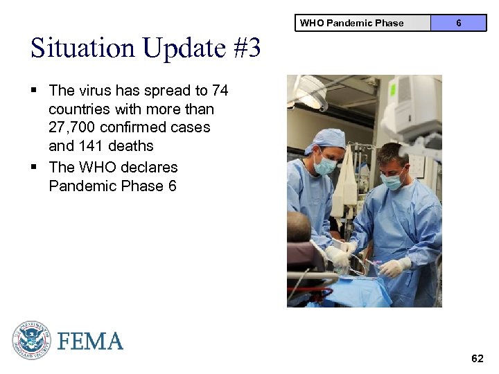 WHO Pandemic Phase 6 Situation Update #3 § The virus has spread to 74