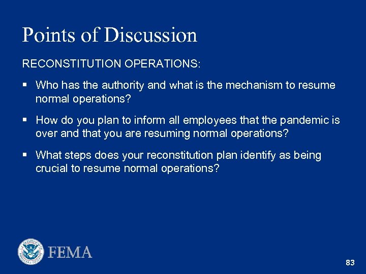 Points of Discussion RECONSTITUTION OPERATIONS: § Who has the authority and what is the