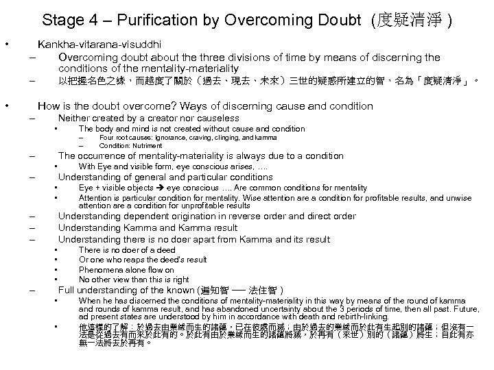 Stage 4 – Purification by Overcoming Doubt (度疑清淨 ) • Kankha-vitarana-visuddhi – Overcoming doubt