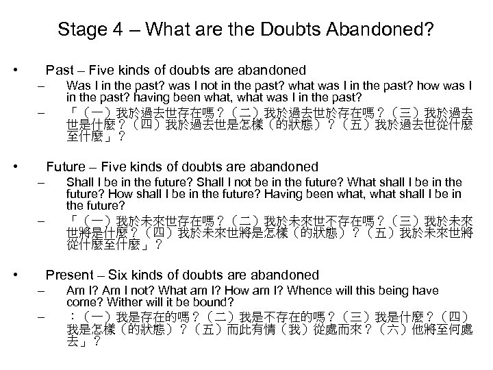 Stage 4 – What are the Doubts Abandoned? • Past – Five kinds of