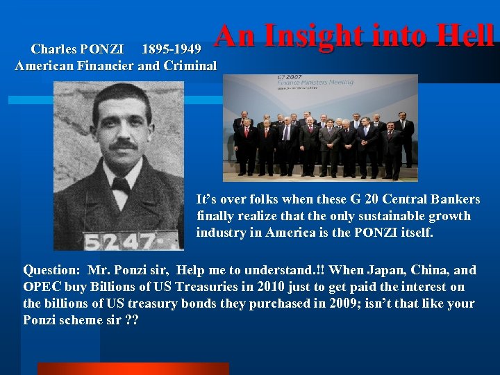 An Insight into Hell Charles PONZI 1895 -1949 American Financier and Criminal It’s over