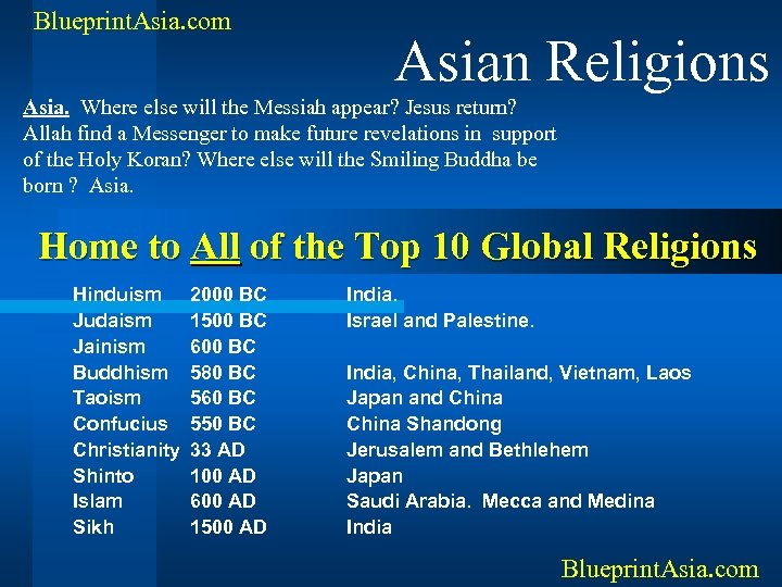 Blueprint. Asia. com Asian Religions Asia. Where else will the Messiah appear? Jesus return?