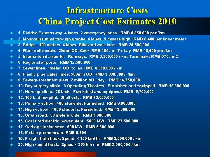 Infrastructure Costs China Project Cost Estimates 2010 l l l l l 1. Divided