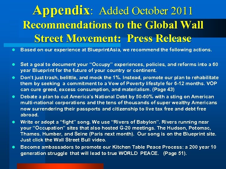 Appendix: Added October 2011 Recommendations to the Global Wall Street Movement: Press Release l