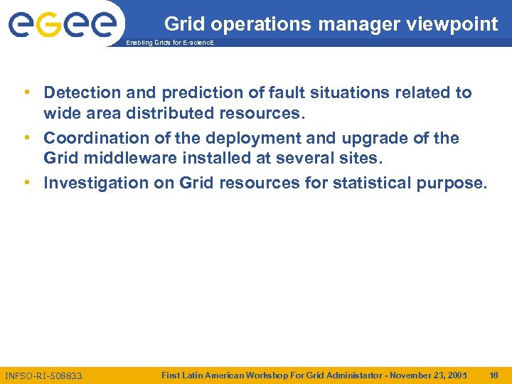 Grid operations manager viewpoint Enabling Grids for E-scienc. E • Detection and prediction of