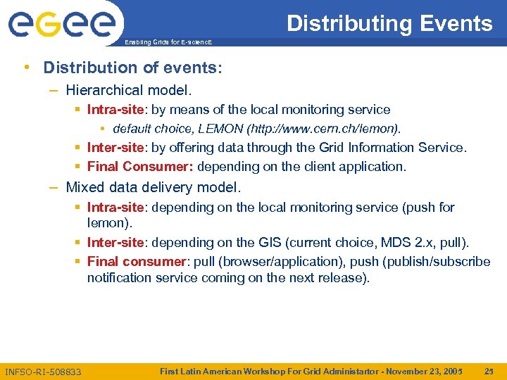 Distributing Events Enabling Grids for E-scienc. E • Distribution of events: – Hierarchical model.
