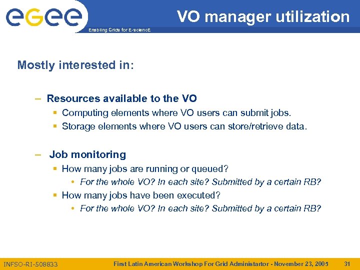 VO manager utilization Enabling Grids for E-scienc. E Mostly interested in: – Resources available
