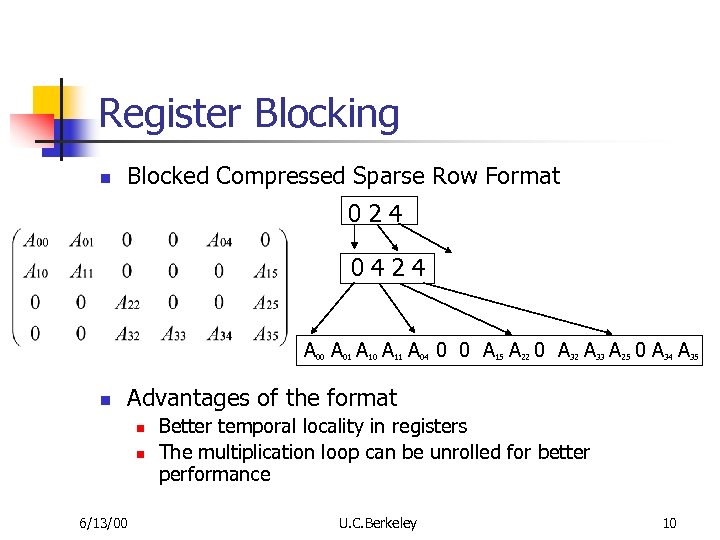 Register Blocking n Blocked Compressed Sparse Row Format 024 0424 A A A 0