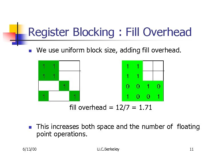 Register Blocking : Fill Overhead n We use uniform block size, adding fill overhead