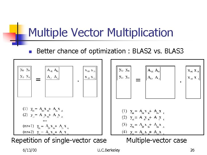 Multiple Vector Multiplication n Better chance of optimization : BLAS 2 vs. BLAS 3