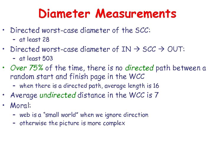 Diameter Measurements • Directed worst-case diameter of the SCC: – at least 28 •