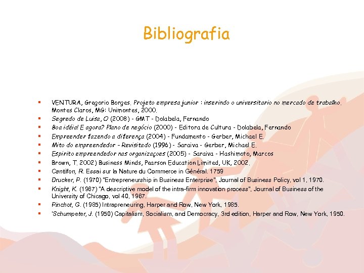 Bibliografia § § § VENTURA, Gregorio Borges. Projeto empresa junior : inserindo o universitario