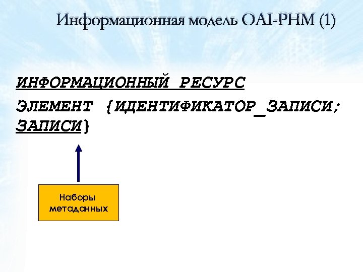 Информационная модель OAI-PHM (1) ИНФОРМАЦИОННЫЙ РЕСУРС ЭЛЕМЕНТ {ИДЕНТИФИКАТОР_ЗАПИСИ; ЗАПИСИ} Наборы метаданных 